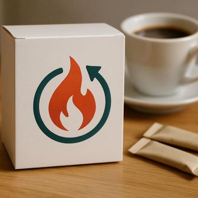 Dekoratives Piktogramm mit Flamme und Pfeil als Symbol für den angeregten Stoffwechsel bei Slimqa